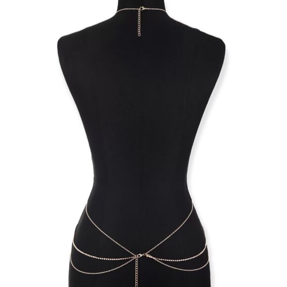 Gold Chest Chain Glittery Rhinestone Waist Chain Body Chain NEW - Picture 3 of 4